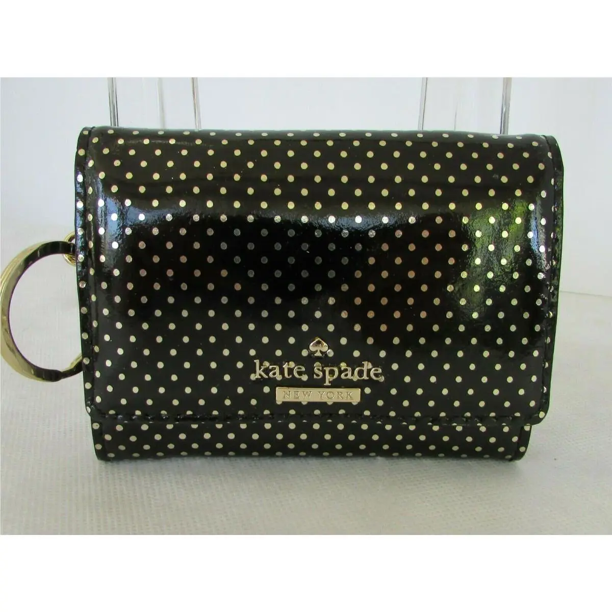 Kate Spade Darla ID Key Wallet Black Patent Gold Dots Lilac Street
