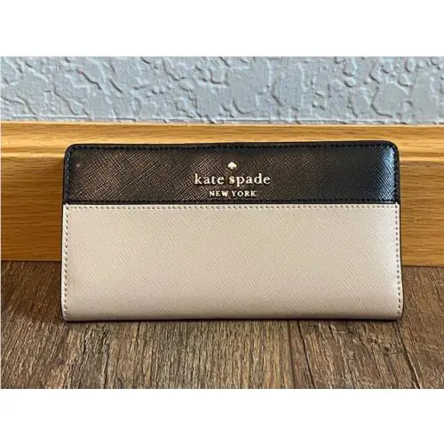Kate Spade Staci Colorblock Large Slim Bifold Wallet in Warm Beige/black