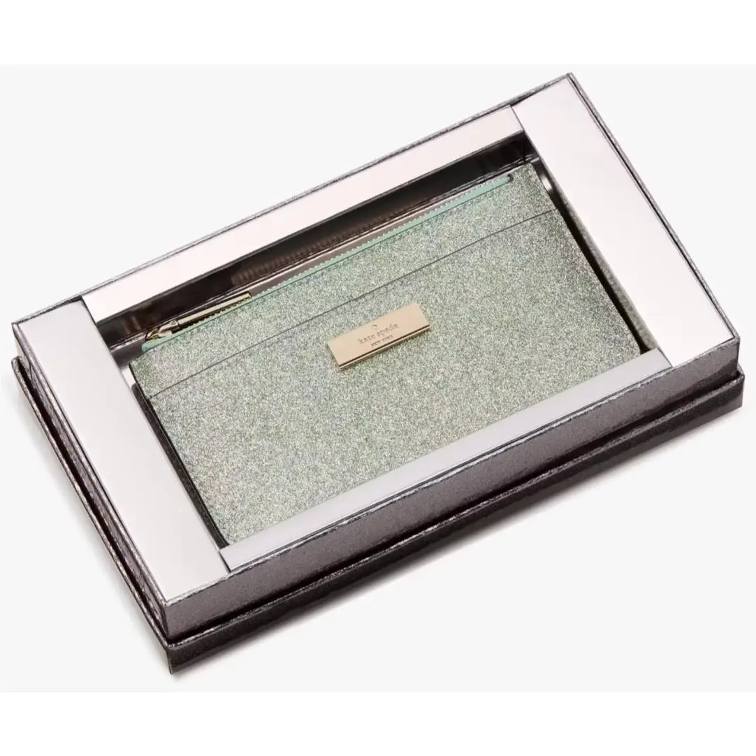 Kate Spade Kenzie Boxed Glitter Green Large Slim Cardholder Wallet KK320