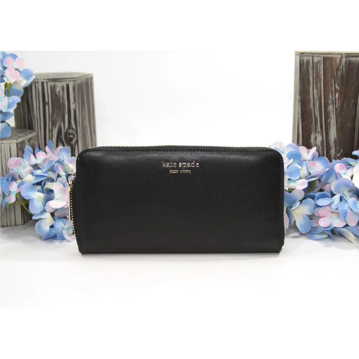 Kate Spade Spencer Black Leather Zip Around Large Continetal Lacey Wallet