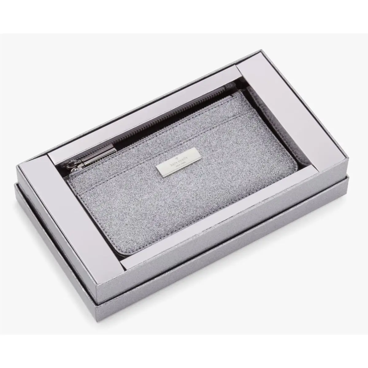 Kate Spade Kenzie Boxed Glitter Silver Large Slim Cardholder Wallet KJ009
