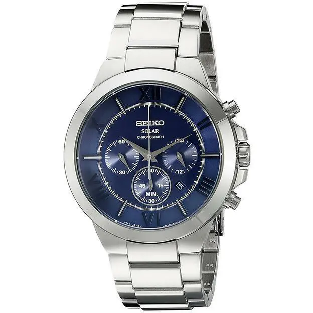 Seiko Men`s Solar Chronograph Blue Dial Silver Bracelet Watch SSC281