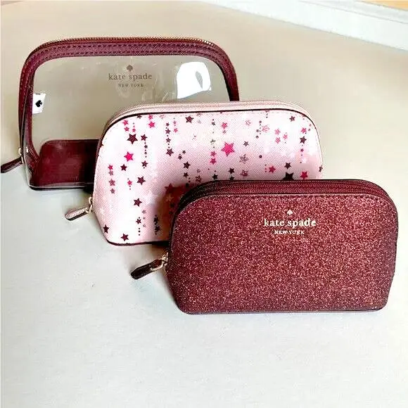 Kate Spade Staci Twinkle Printed Triple Cosmetic Clutch Case Pink Multi