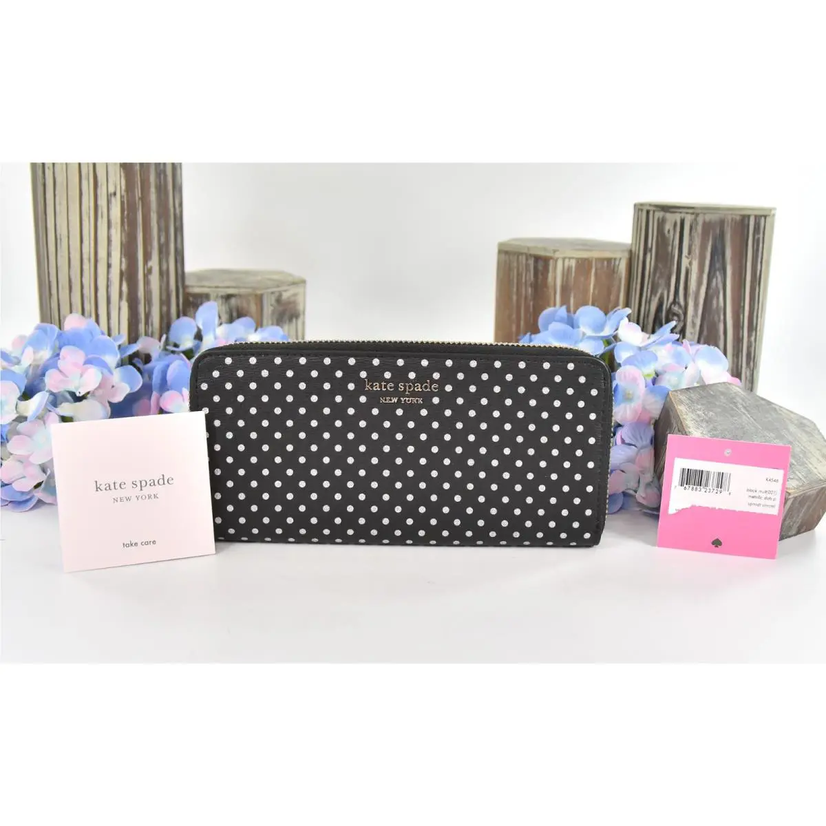 Kate Spade Black Silver Metallic Dot Spencer Zip Around Lacey Wallet