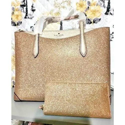 Kate Spade Large Joeley Lola Shimmy Glitter Zip Handbag Wallet Set - Rose Gold