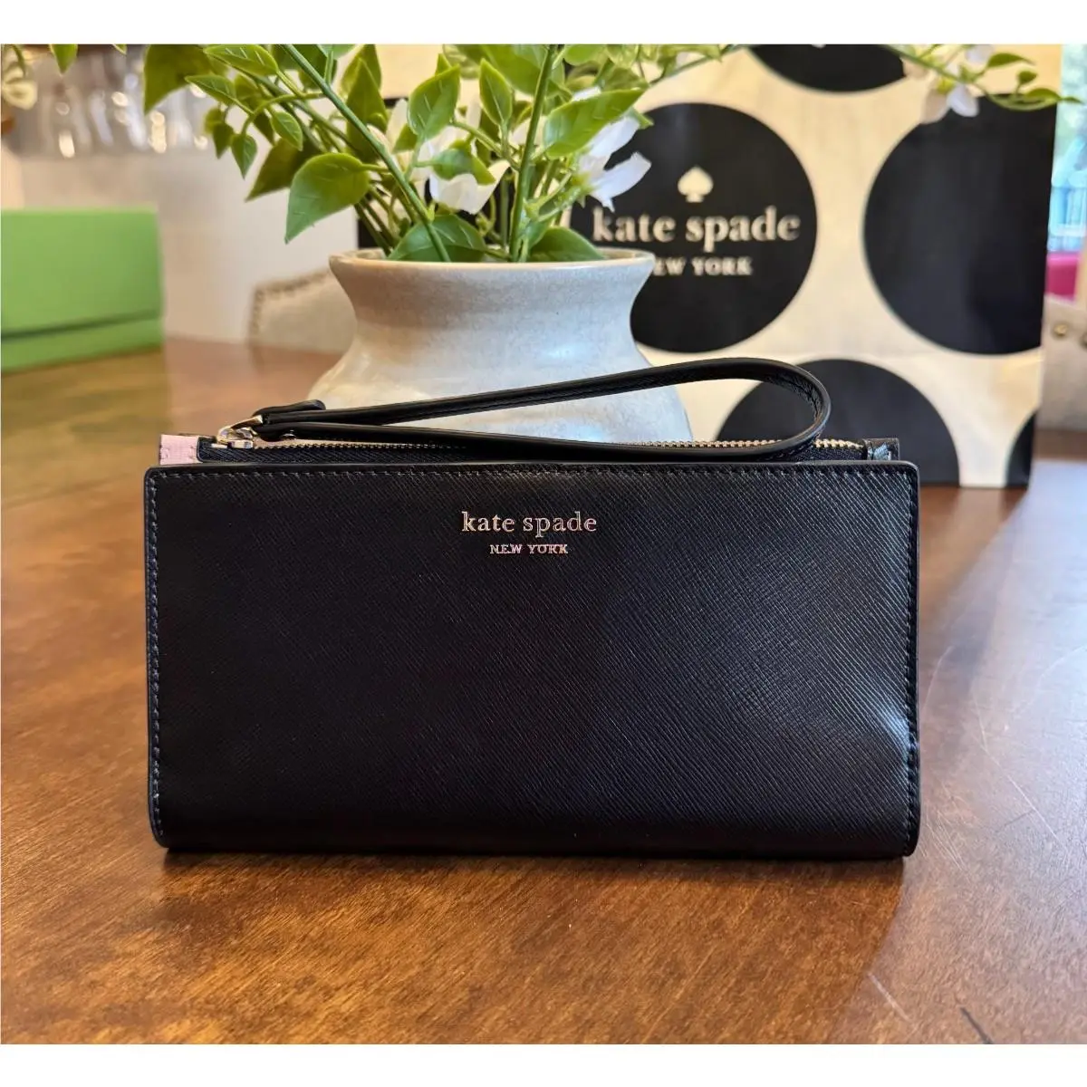 Kate Spade Spencer Continental Wristlet Black Saffiano Leather PWRU7855