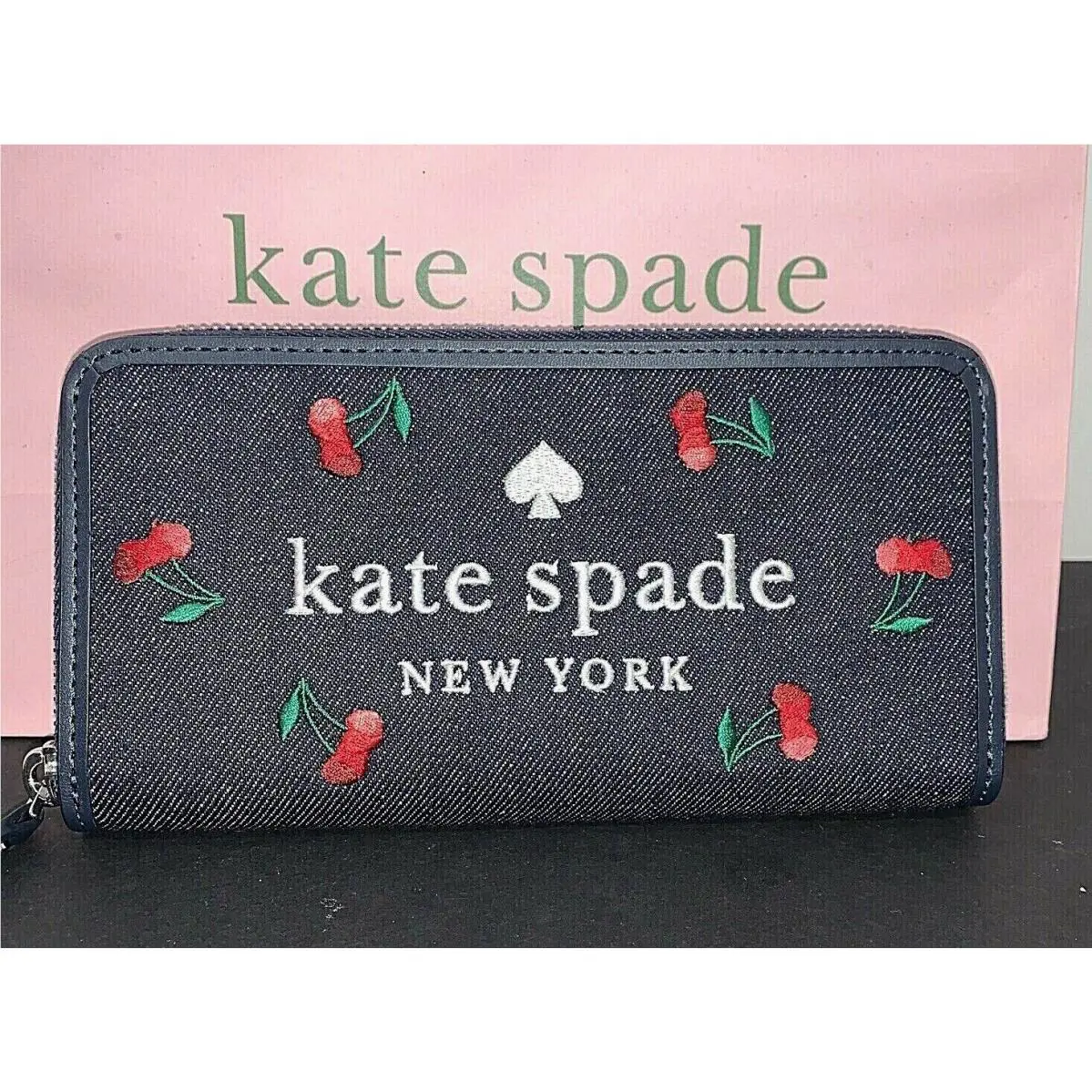 Kate Spade Ella Cherry Embroidered Denim Large Continental Zip Around Wallet New