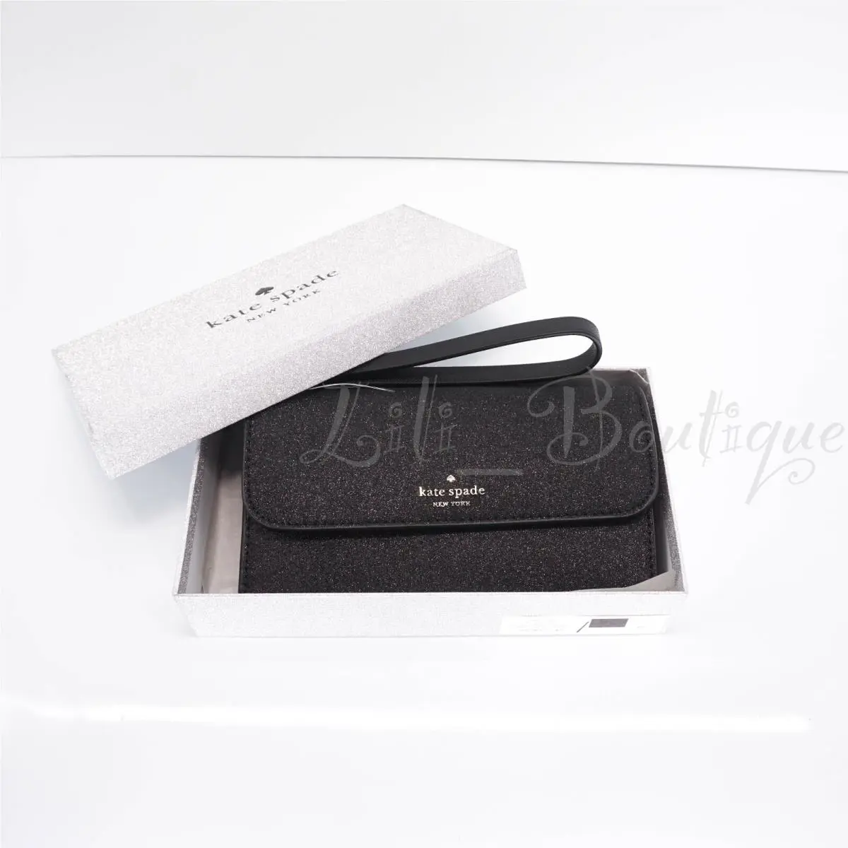 Kate Spade K9255 Boxed Medium Flap Phone Wristlet Wallet Glitter Black