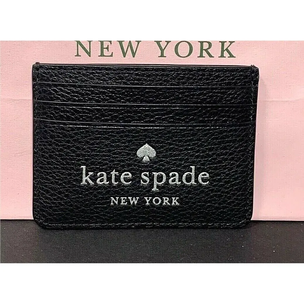 Kate Spade Pebble Leather Glitter Logo Small Slim Card Holder New