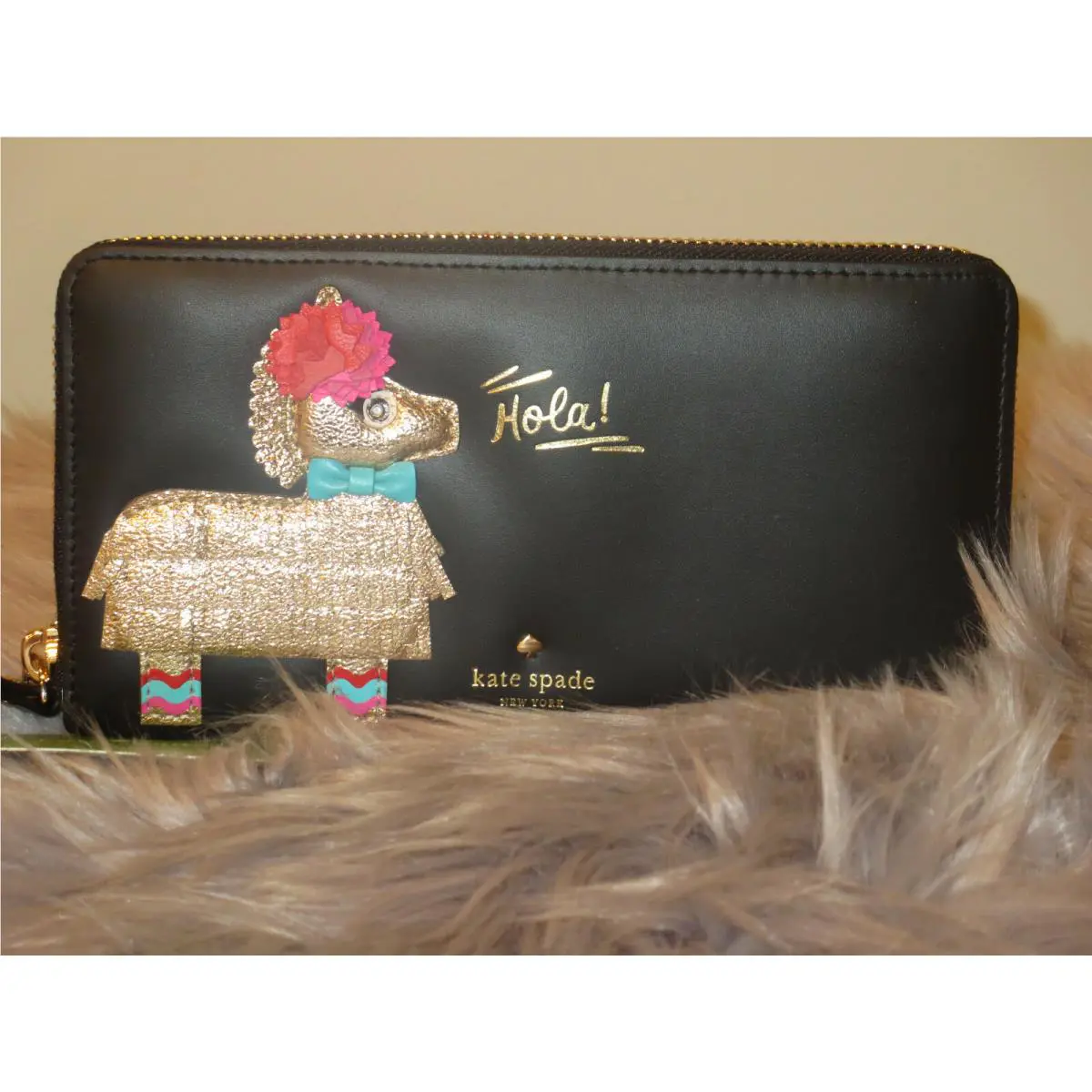 Kate Spade Embellished Pinata Hola Applique Black Leather Lacey Zip WALLET-$228+
