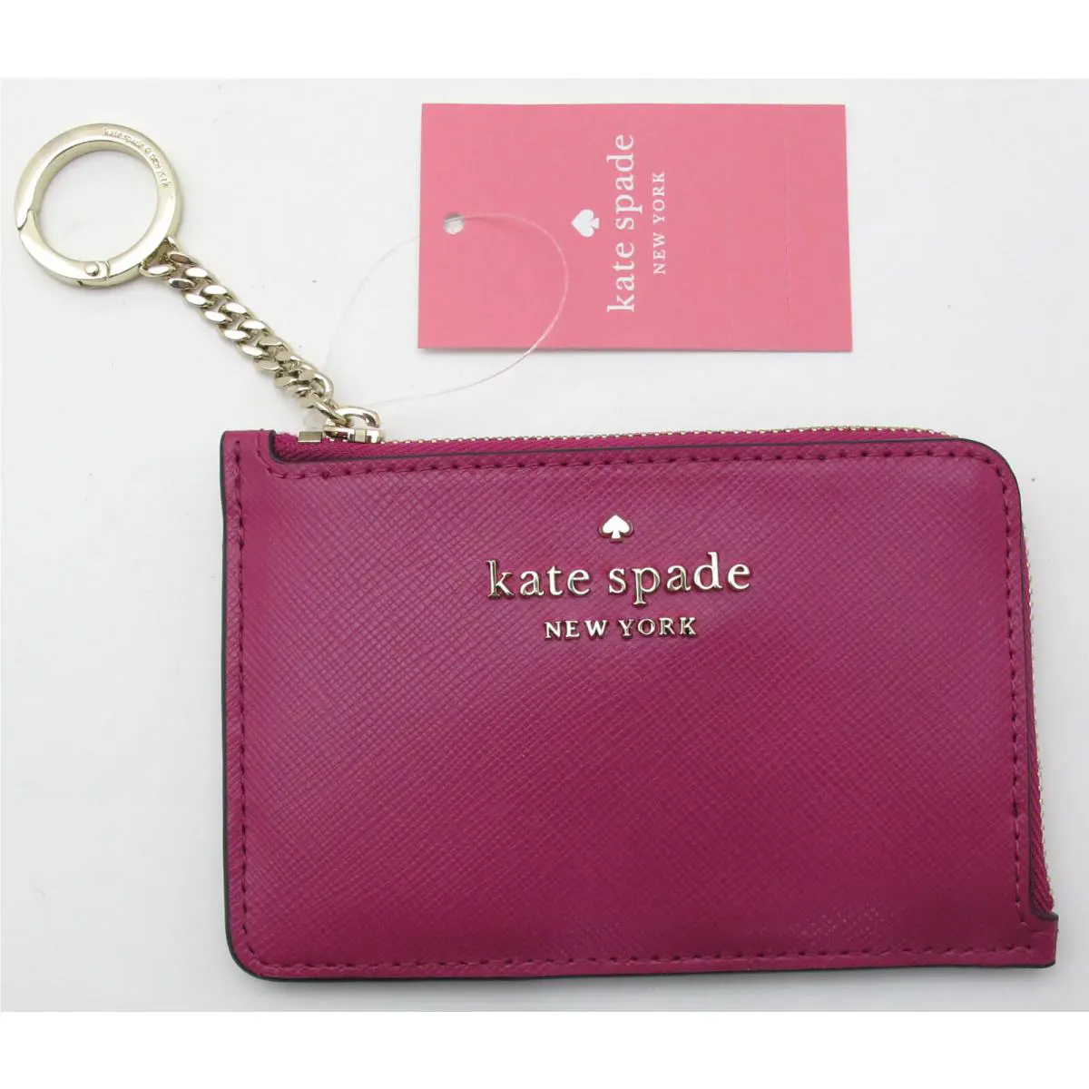 Kate Spade Staci Colorblock Med Lzip Leather Key Chain Card Case Wallet Pink