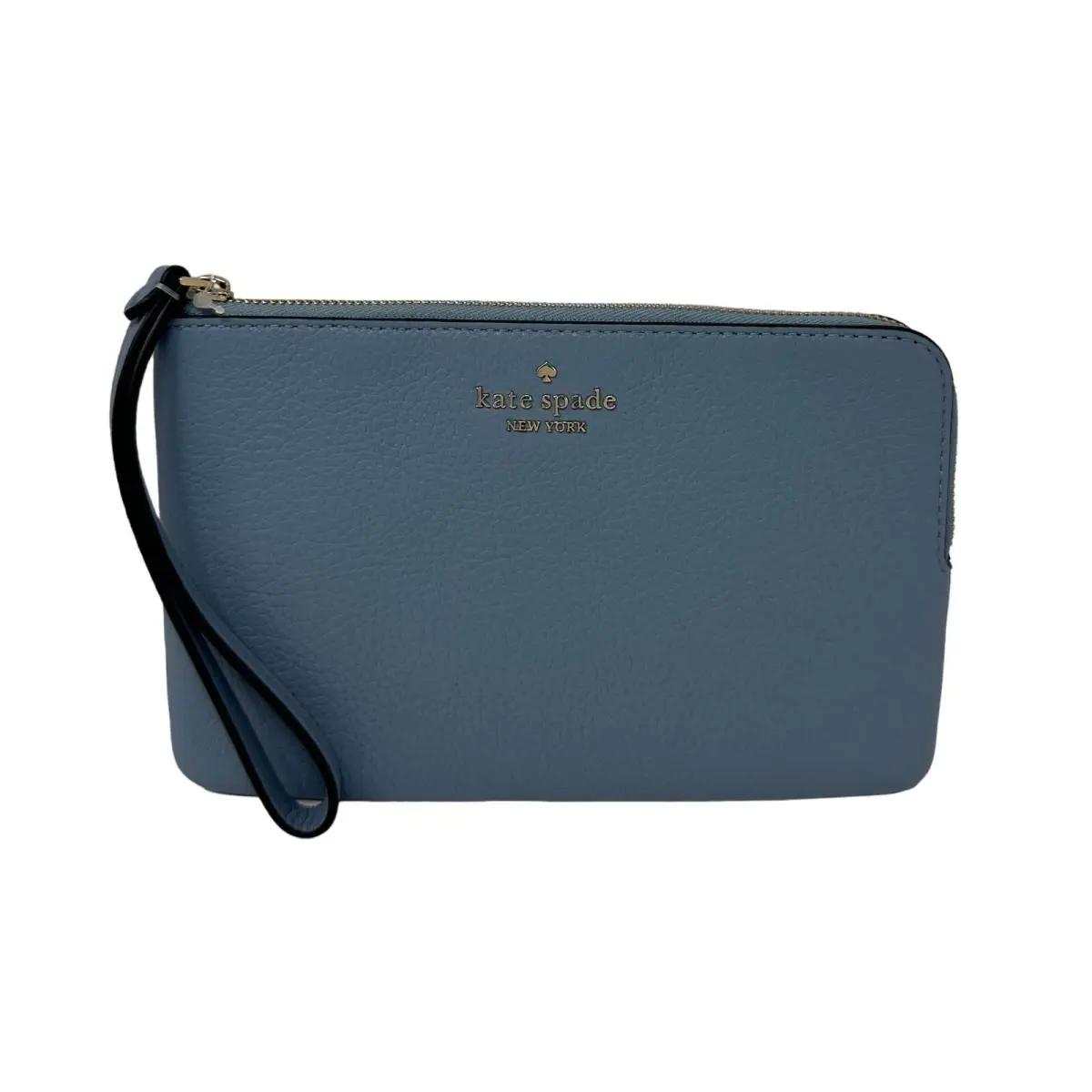 Kate Spade Leila Medium L Zip Wristlet Pebble Leather Polished Blue Wallet KB684