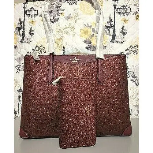 Kate Spade Large Joeley Lola Shimmy Glitter Zip Handbag Wallet Set - Deep Nova