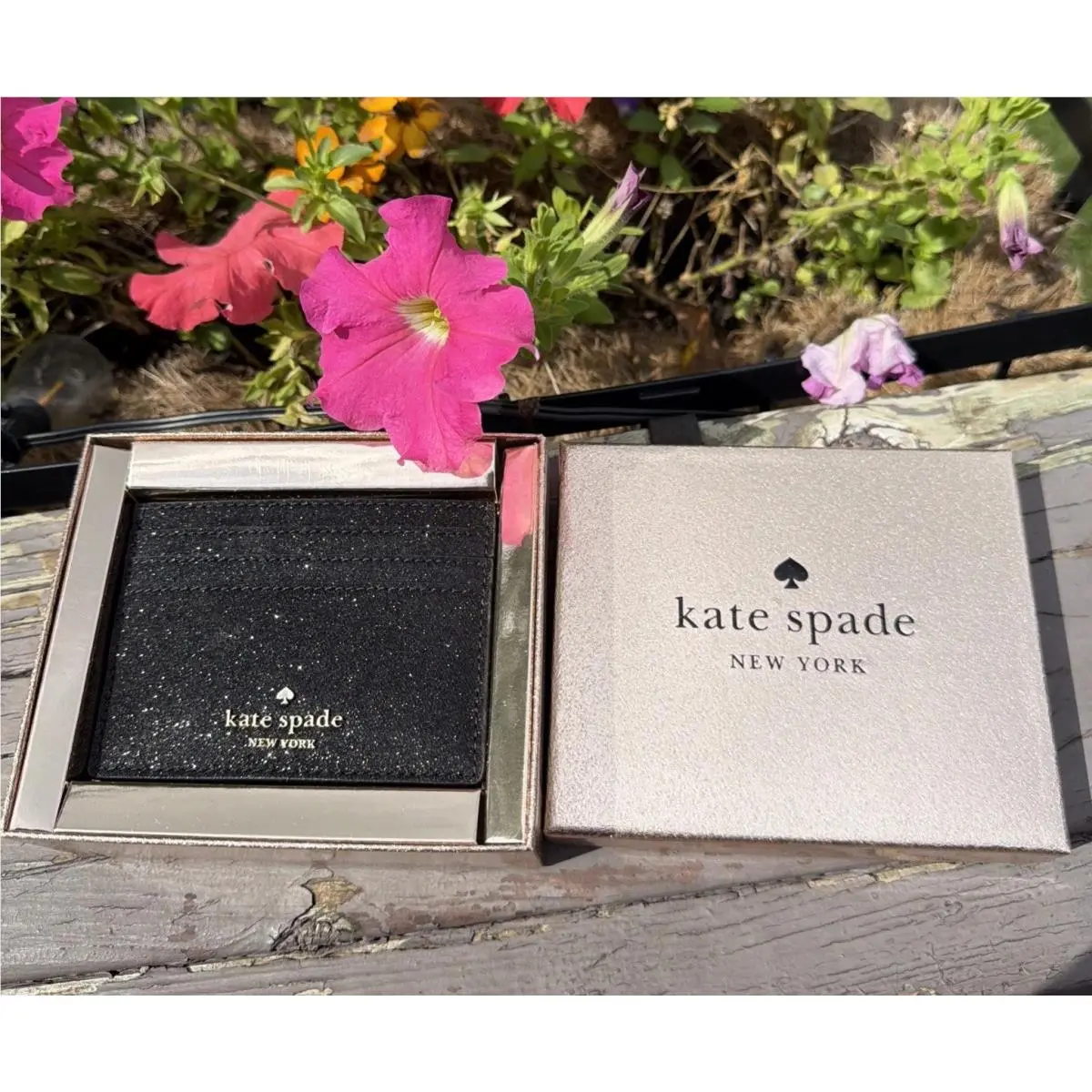 Kate Spade Black Glitter Card Holder Wallet Slim Sparkle Glam Designer Gift Box