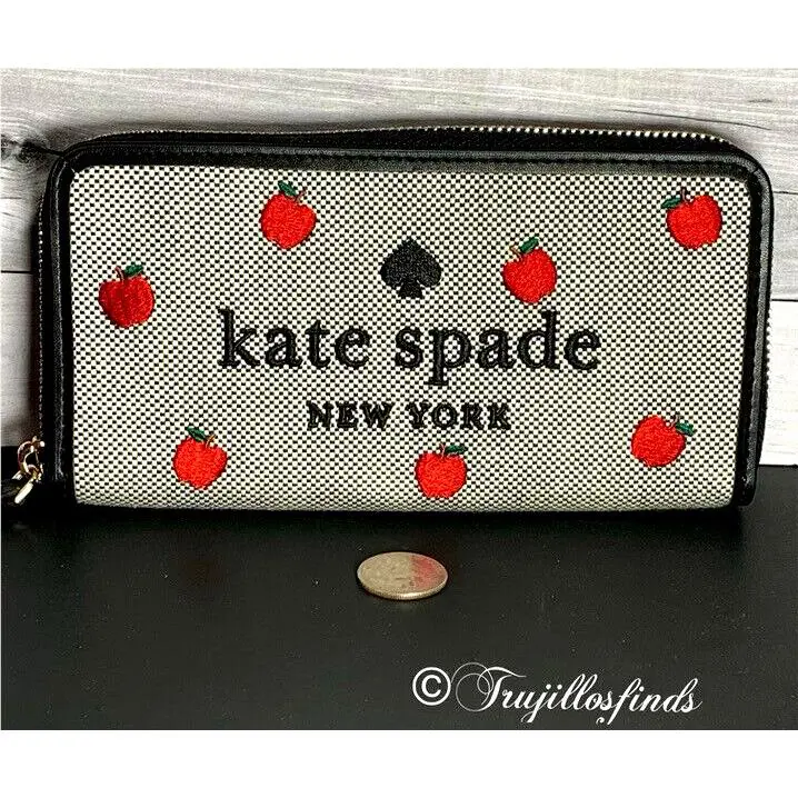 Kate Spade Ella Apple Toss Embroidered Large Continental Zip Wallet Black Multi