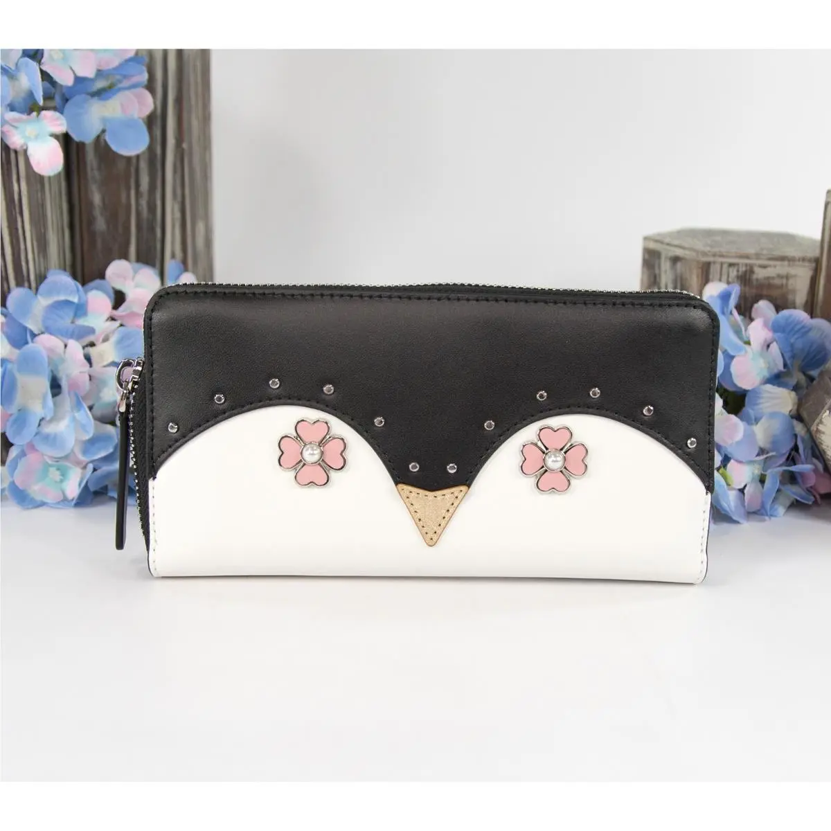 Kate Spade Black Leather Frosty Penguin Large Zip Around Lacey Wallet
