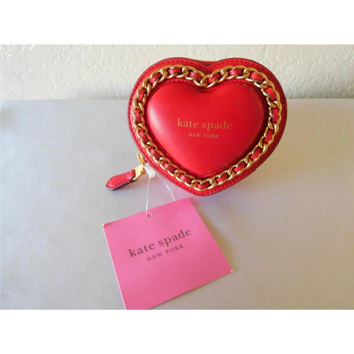 New Kate Spade New York Amour Puffy Smooth 3d Heart Chain Leather Coin Purse