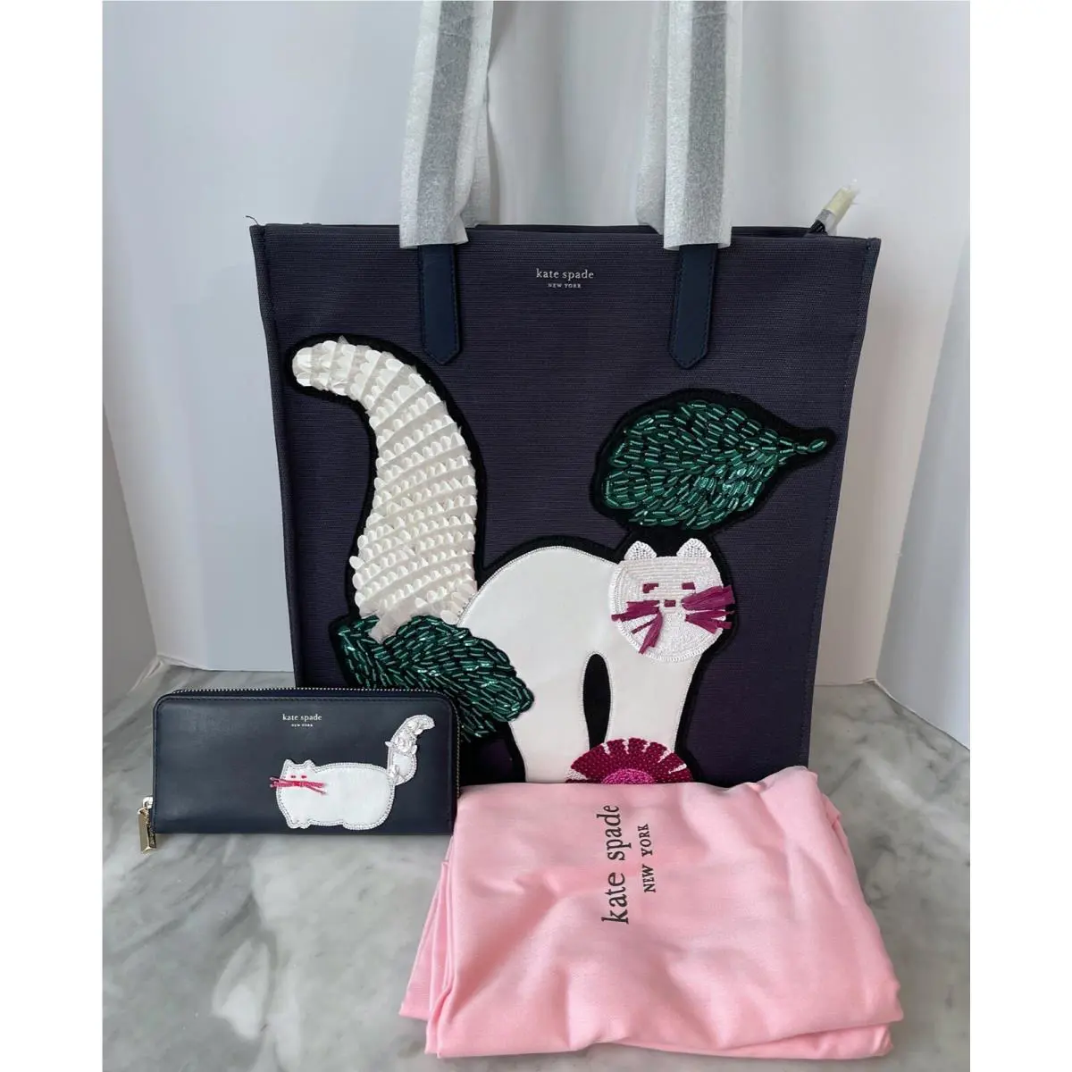 Kate Spade Kitt Embellished Large North South Cat Tote and Continental Wallet