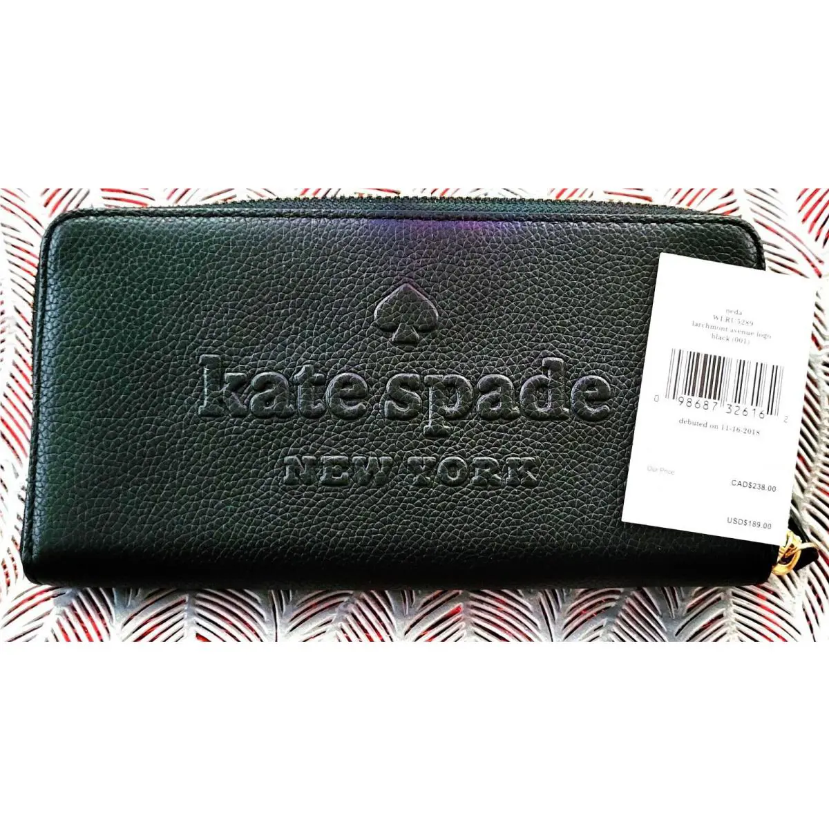 New Kate Spade Neda Larchmont Avenue Embossed Logo Black Wallet