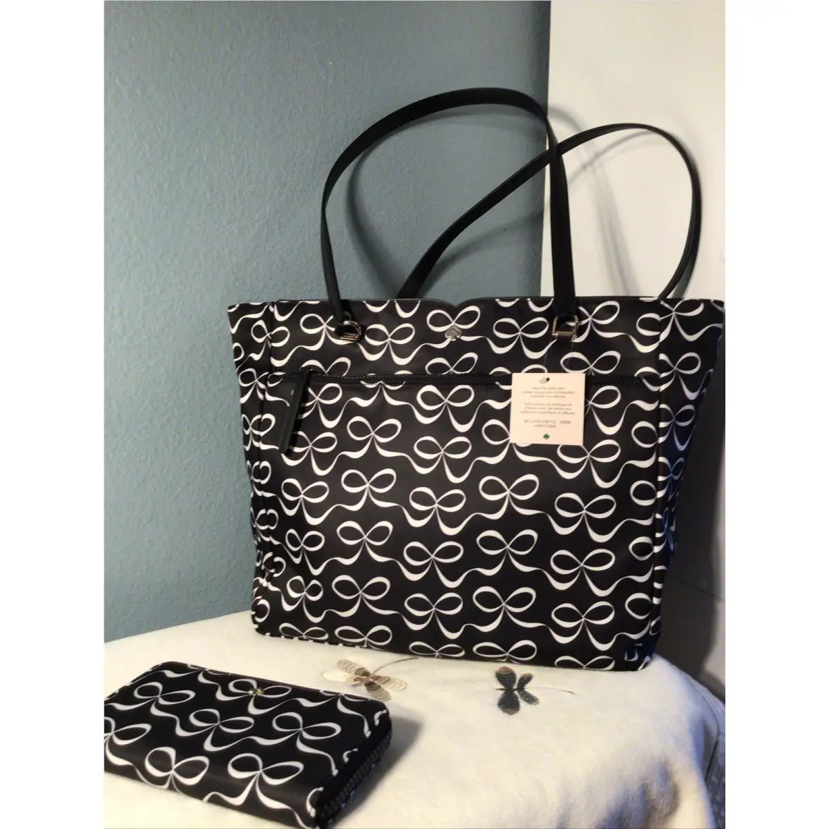 Kate Spade Large Tote Wallet Jae Elegant Bow Continental Wallet Black White