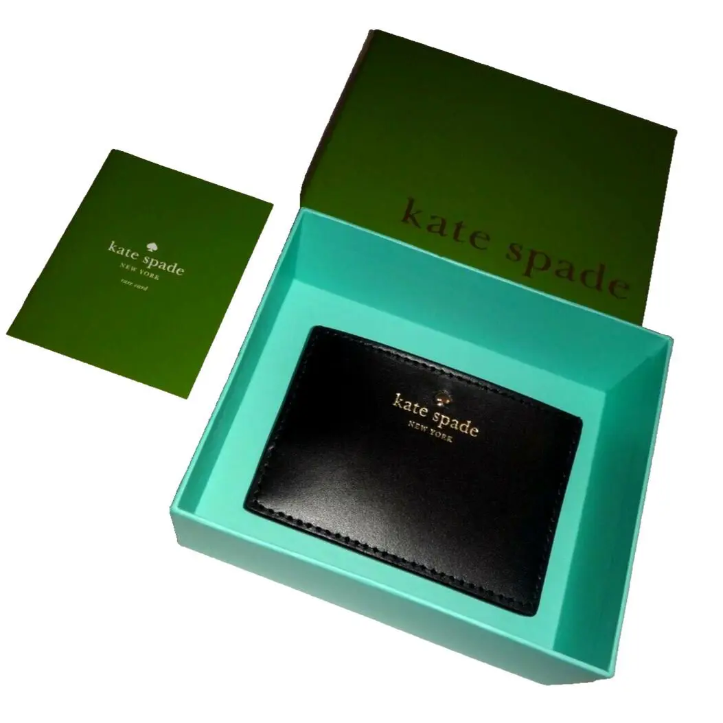 Kate Spade Womens Small Card Wallet Black Leather Gold Tone Logo New in Gift Box