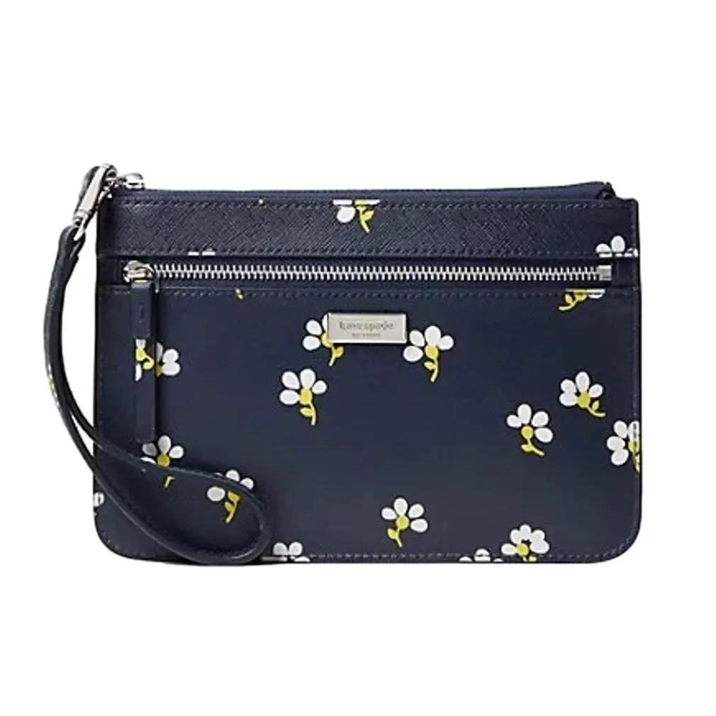 New Kate Spade Women`s Navy White Daisy Floral Zip Wristlet Wallet Clutch Bag