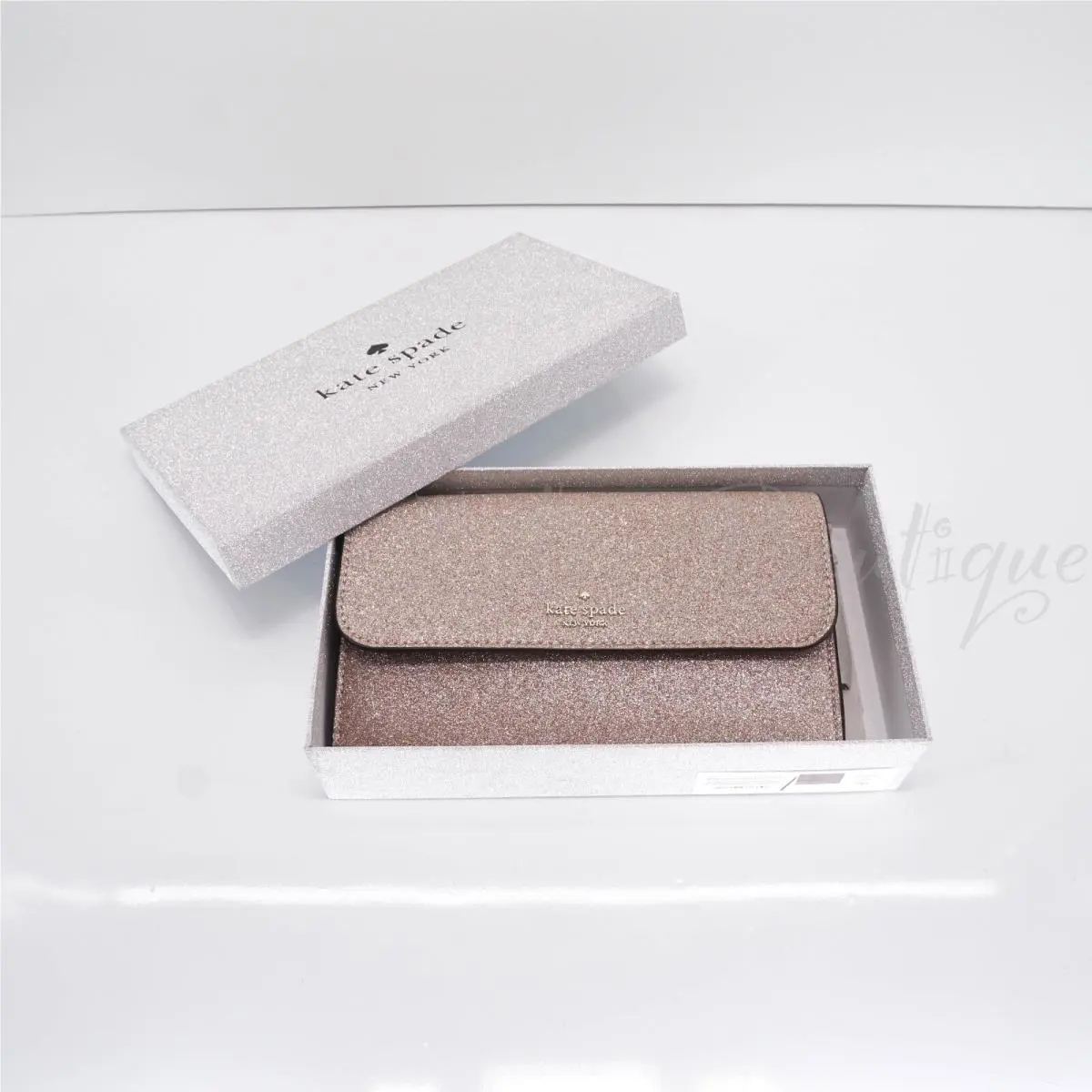Kate Spade K9255 Boxed Medium Flap Phone Wristlet Wallet Glitter Rose Gold