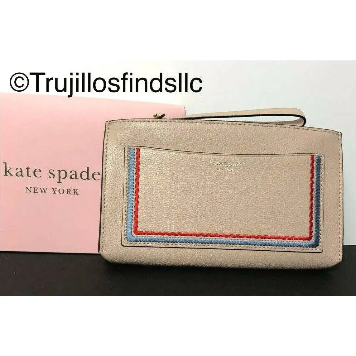Kate Spade Eva Embroidered Wallet Warm Beige/blue Dawn WLRU5352 New