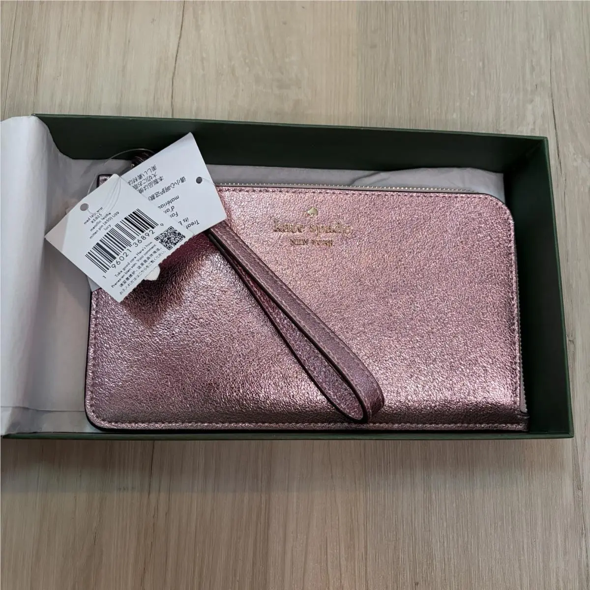 Lucy Medium Lzip Wristlet Metallic Leather Mitten Pink In Gift Box by Kate Spade