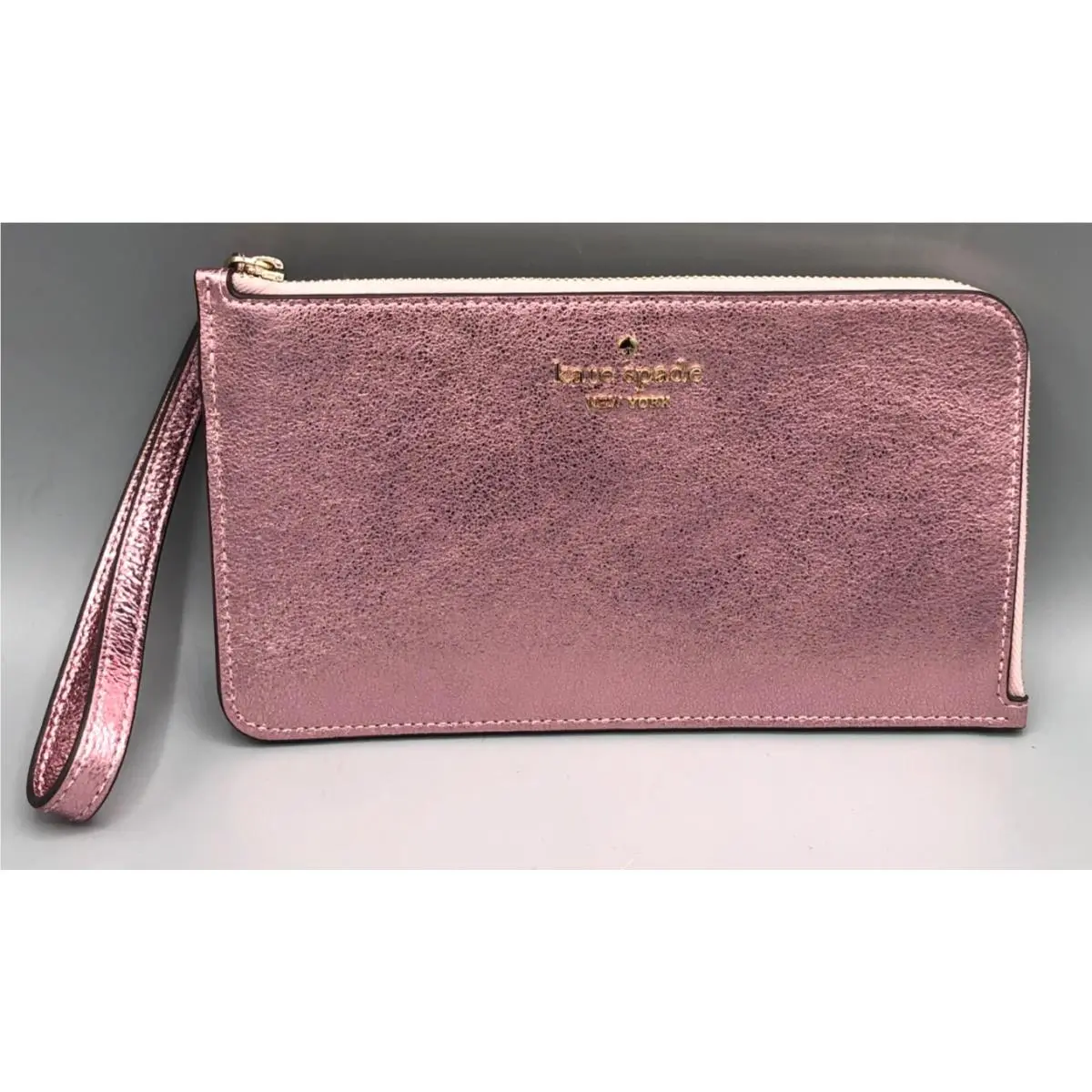 Kate Spade Lucy Medium L-zip Wristlet Metallic Leather Mitten Pink KE635 New - Pink