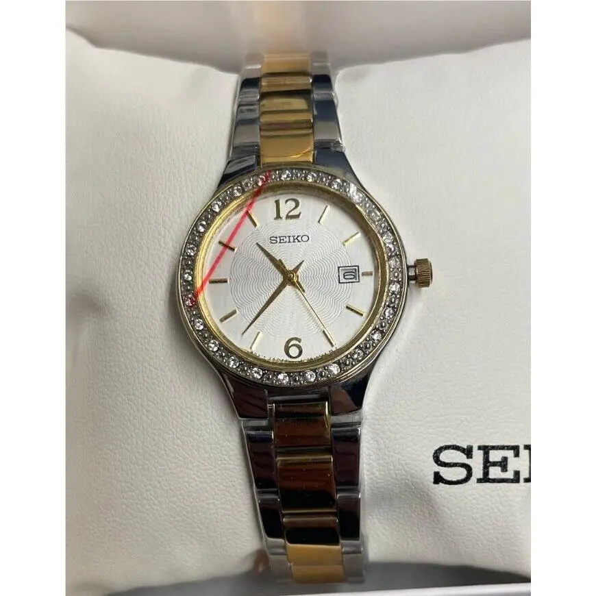 Seiko SUR769 Women`s Silver Dial Two Tone Swarovski Crystal`s Date Dress Watch