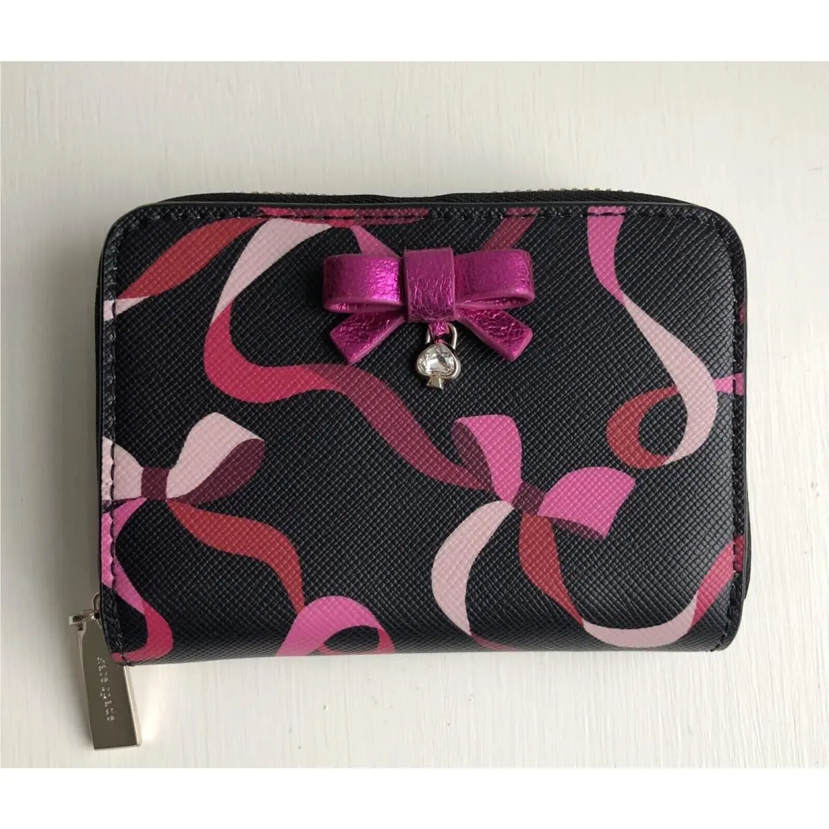 Kate Spade Bows Wrapping Party Wallet Mini Zip Card Holder Black Pink