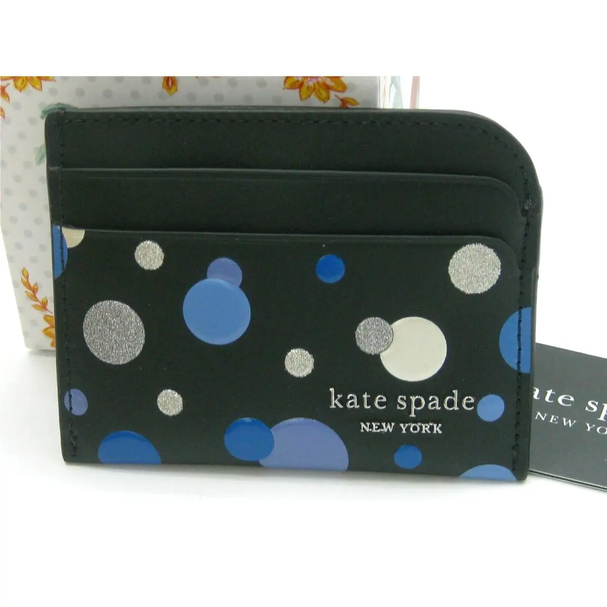 Kate Spade Devin Space Dot Embossed Leather Card Holder Case Black Multi