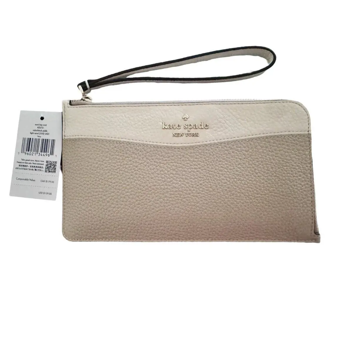Kate Spade Lucy Medium L-zip Wristlet Colorblock Pebbled Light Sand Leather