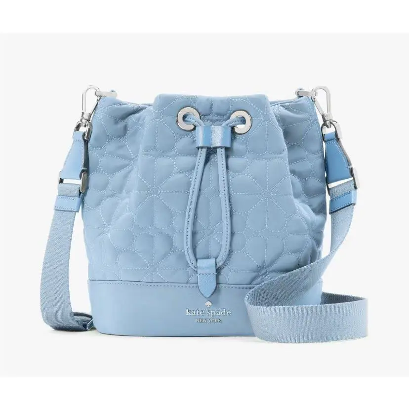 2 pc Kate Spade Flower Quilted Fabric Bucket Bag W/ Wallet Montauk Blue