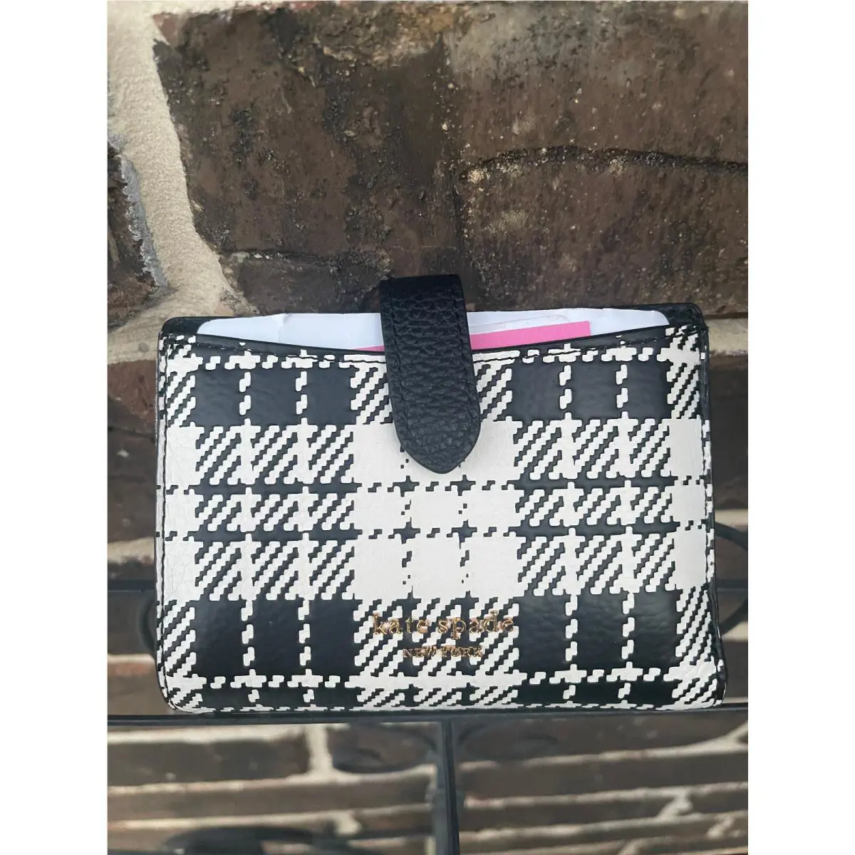 Kate Spade Hudson Plaid Leather Bifold Wallet Black White