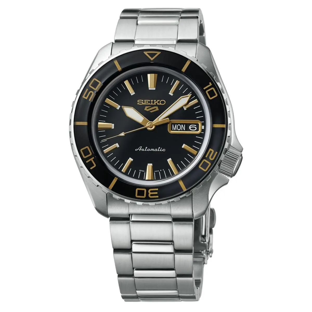 5 Sports SRPK99 Men`s Stainless Steel Black Dial Day Date Automatic Watch by Seiko
