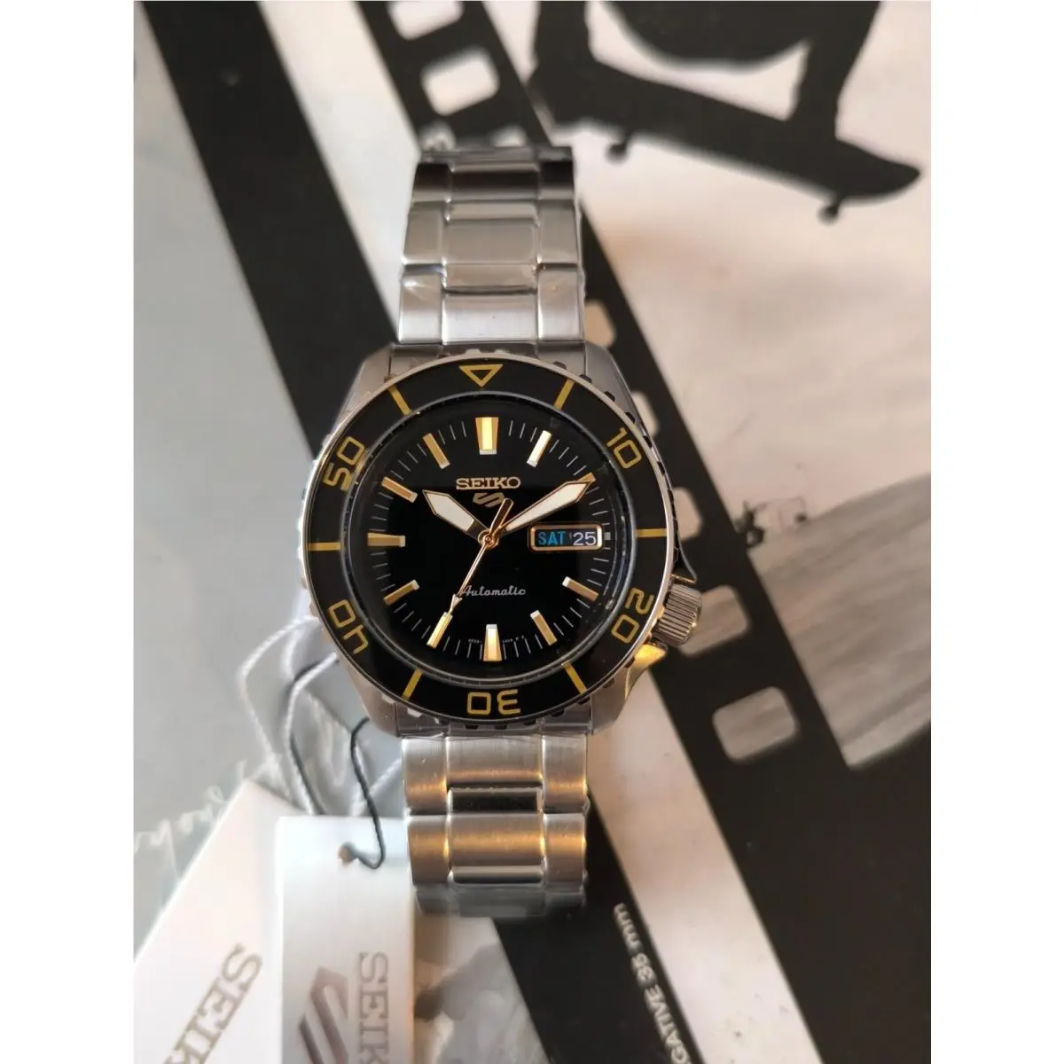 Seiko 5 Sports Asia Skx Black Sunray Dial with Gold Indices SRPK99K1 - Black, Gold