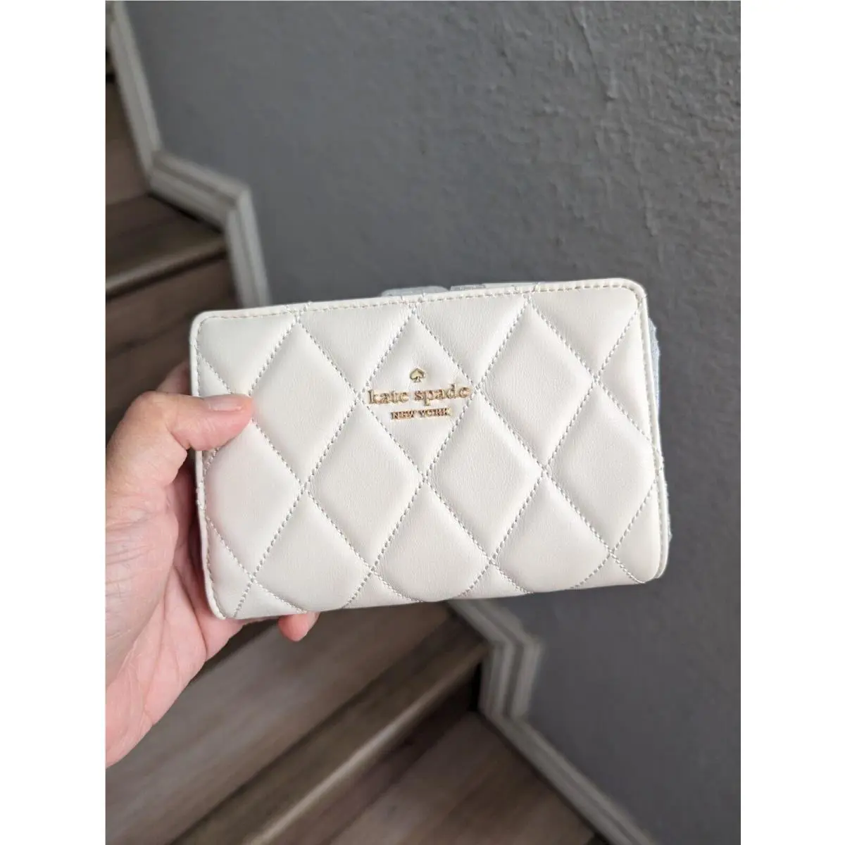 Kate Spade Carey Quilted Leather Medium Compact Bifold Wallet Parchment