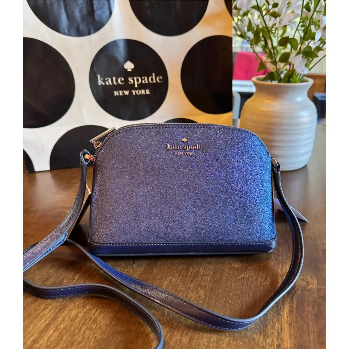 Kate Spade Tinsel Glitter Fabric Small Dome Crossbody - Parisian Navy K8713