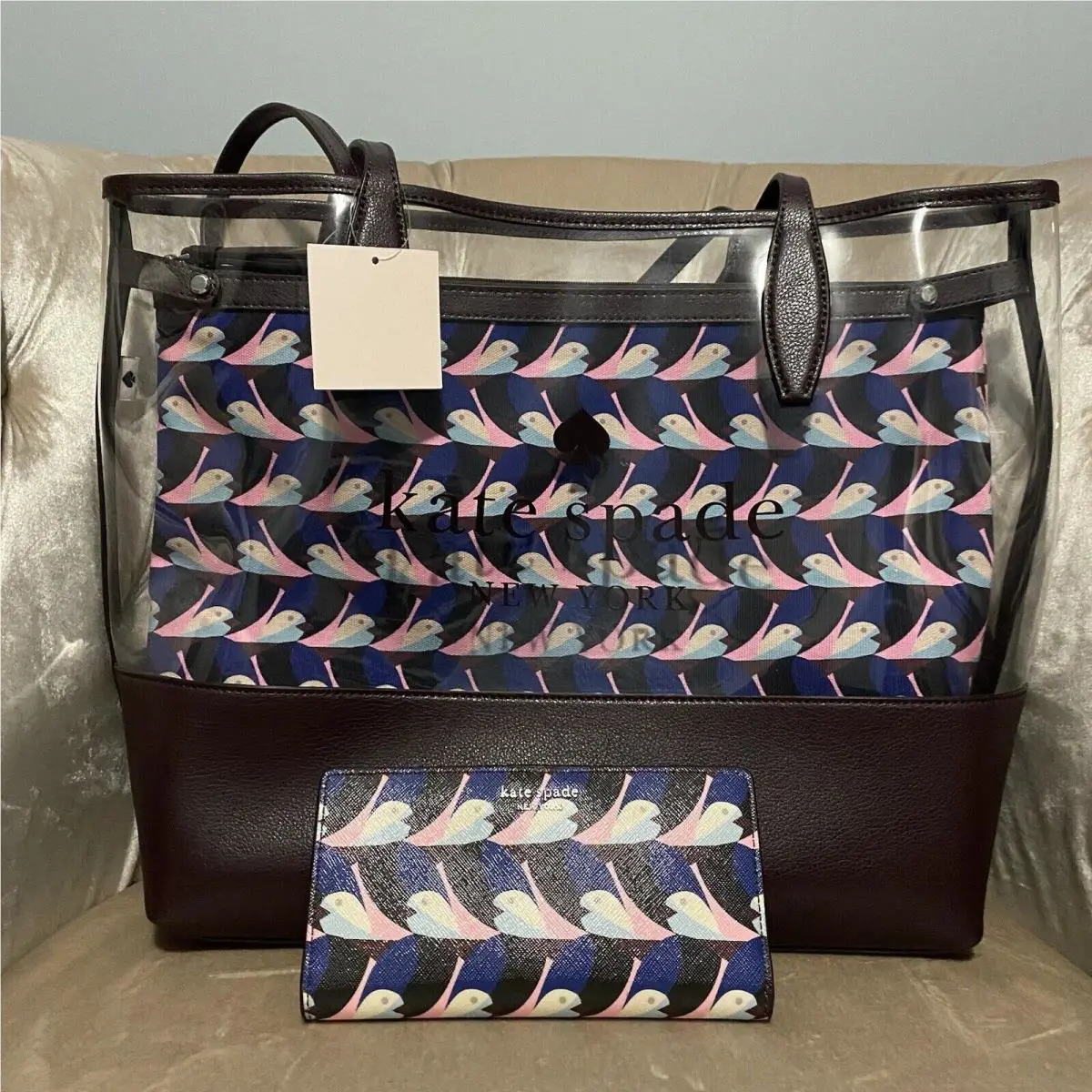 Kate Spade Ash See-through Geo Bird’s Large Tote Bag Handbag Stacy Wallet Set