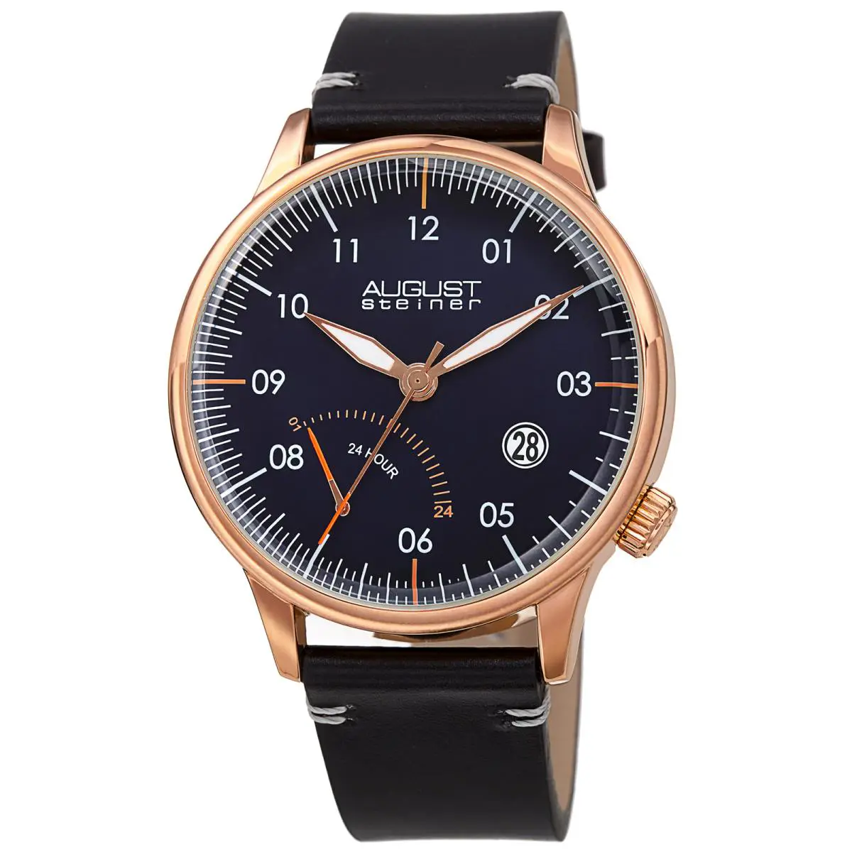 Men`s AS8285 Quartz 24hr Retrograde Date Leather Strap Watch Black by August Steiner