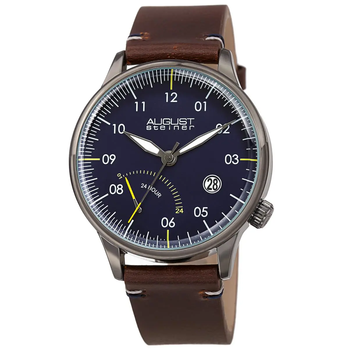 Men`s AS8285 Quartz 24hr Retrograde Date Leather Strap Watch Brown by August Steiner
