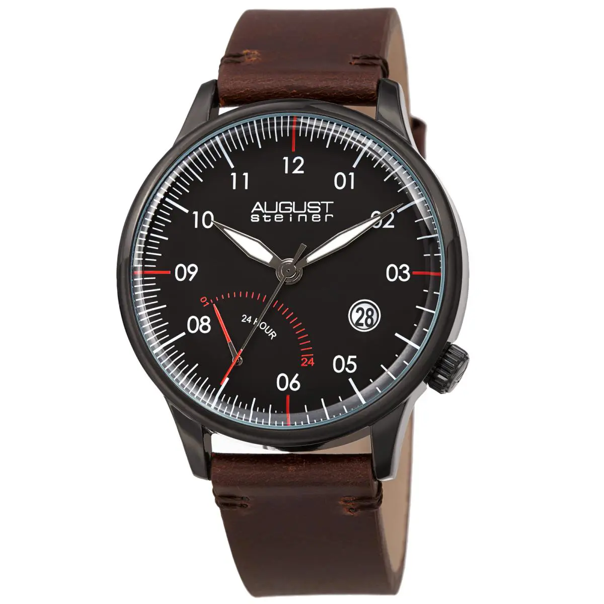 Men`s AS8285 Quartz 24hr Retrograde Date Leather Strap Watch Dark Brown by August Steiner