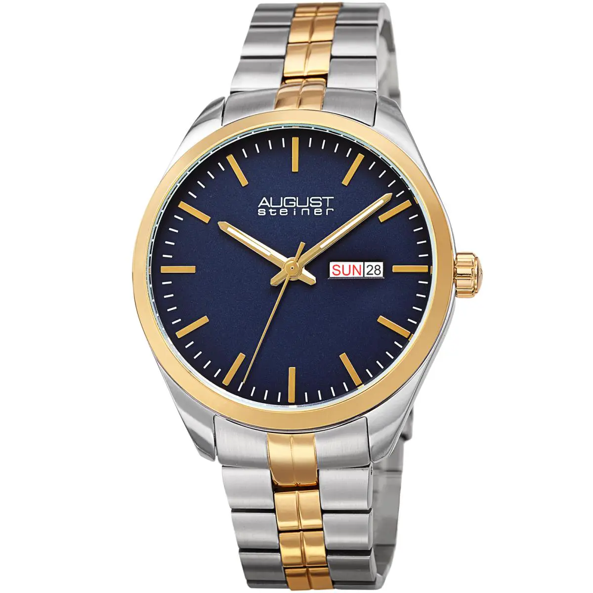 Men`s  AS8271 Quarts Movement Day Date Bracelet Watch Two Tone/Silver & Gold by August Steiner
