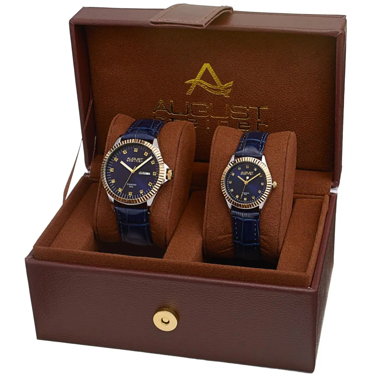 AS8286 His and Hers Quartz Diamond Dial Leather Strap Watch Set Blue by August Steiner