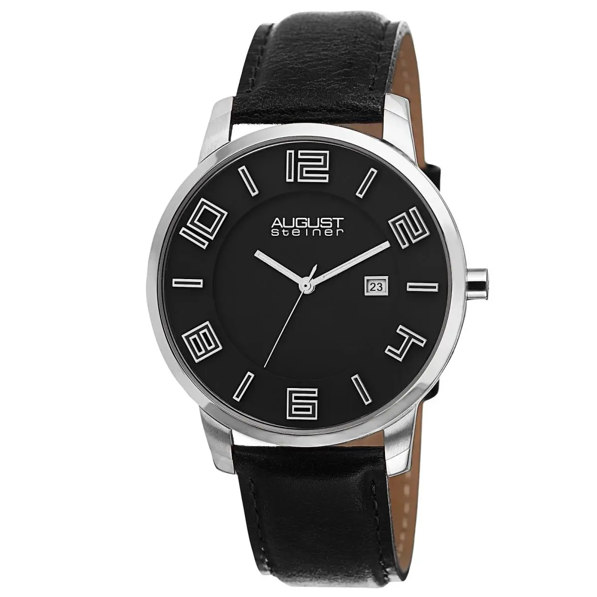 Men`s  AS8108 Swiss Quartz Ultra-thin Date Black Leather Watch Black by August Steiner