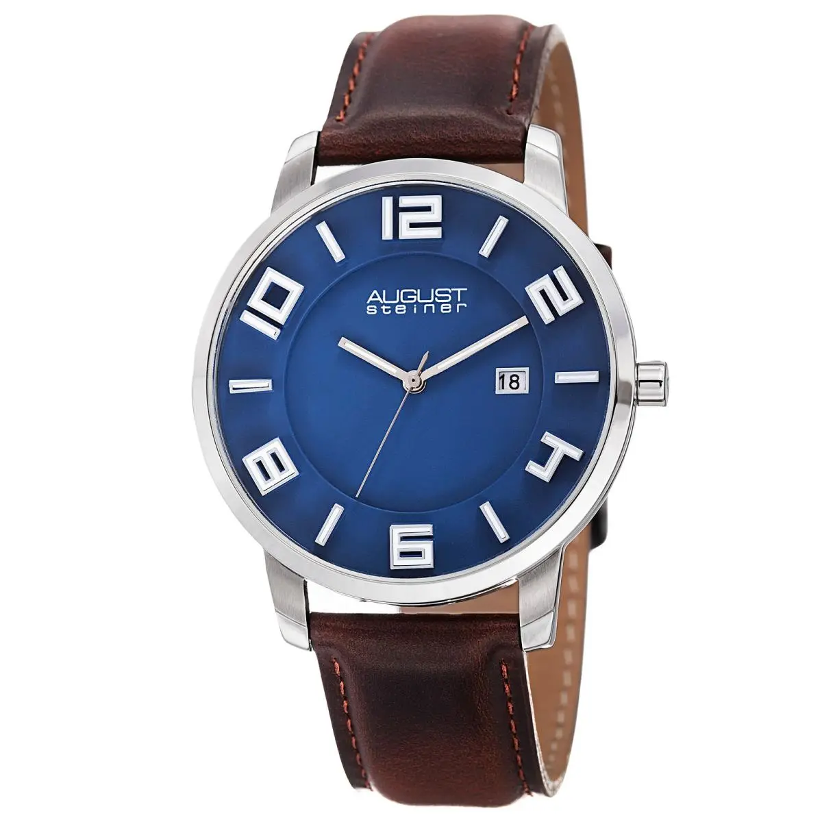 Men`s  AS8108 Swiss Quartz Ultra-thin Date Black Leather Watch Blue by August Steiner