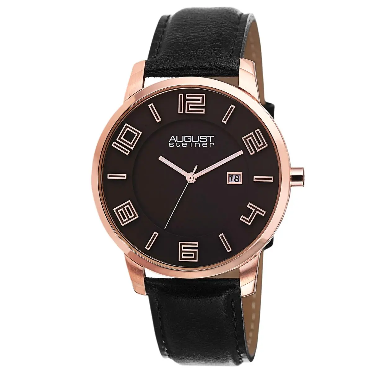Men`s  AS8108 Swiss Quartz Ultra-thin Date Black Leather Watch Rose Gold Black by August Steiner