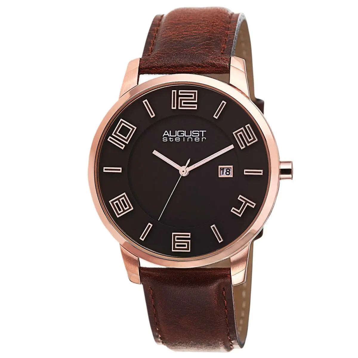 Men`s  AS8108 Swiss Quartz Ultra-thin Date Black Leather Watch Rose Gold Brown by August Steiner